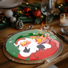 Family Karácsonyi tálca - fém - Mikulás - zöld - 33 cm (58961B) karácsonyi dekoráció