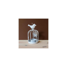  Fehér fém mécsestartó kalitka, madárral, pillangóval, felakasztható.  Mérete: 80x140 mm dekorációs kellék