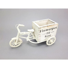  Fehér műanyag tricikli fa kaspóval. Mérete: 23x12x10 cm dekorációs kellék