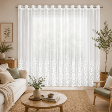  Fehér voile készfüggöny elegáns hímzett levélmintával – fényáteresztő függöny fémkarikákkall, rúdkarnishoz.300X250cm lakástextília