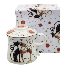 Fekete-arany cicás porcelán bögre fém szűrővel és tetővel - 300 ml bögrék, csészék