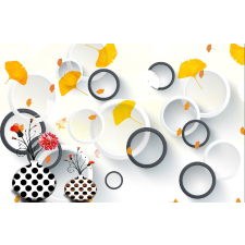  Fekete-fehér levelek és körök tapéta, 400 x 250 cm tapéta, díszléc és más dekoráció