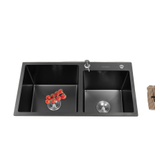  Fekete kettős mosogató, PVD Nano textúra, zajcsökkentés, fekete mosogatótálca