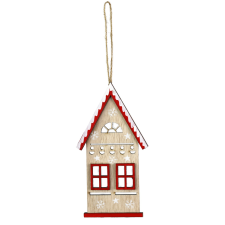  Felakasztható ház fából 14,5 cm natúr-fehér karácsonyfadísz
