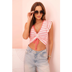FiatalDivat Csíkos felső fodrokkal és ráncolással, 69330-as modell, neon rózsaszín