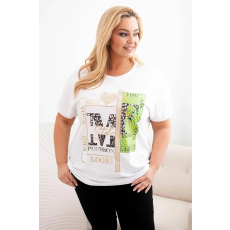 FiatalDivat Túlméretezett pamut póló színes nyomtatással és flitterekkel, 1273-as modell, fehér+zöld