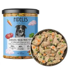 FIDELIS Fidelis főtt menü pulyka, édesburgonya, borsó és spenót 400g kutyaeledel