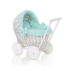  Fonott babakocsi fehér, menta színű ágyneművel és puha béléssel, STELLA
