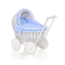  Fonott babakocsi fehér színben, kék ágyneművel és puha béléssel CHIARA játék babakocsi