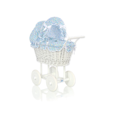  Fonott babakocsi kék ágyneművel és béléssel - fehér játék babakocsi