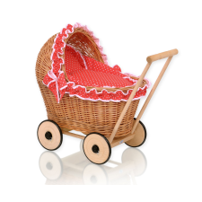  Fonott babakocsi piros ágyneművel és puha párnázattal CHIARA - natúr játék babakocsi