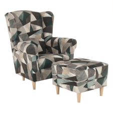  Füles fotel puffal, szövet barna-zöld minta, ASTRID bútor