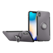 Gigapack Műanyag telefonvédő (szilikon keret, asztali tartó funkció, telefontartó gyűrű, beépített fémlemez, karbon minta) SZÜRKE [Apple iPhone XS ... tok és táska