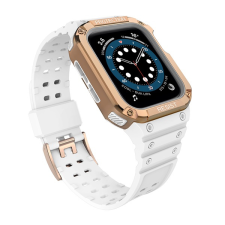 Gigapack Pótszíj (egyedi méret, szilikon, közepesen ütésálló, állítható + szilikon keret) FEHÉR / ROZÉARANY Apple Watch Series 4 40mm, Apple Watch Series 5 40mm, Apple Watch Series 1 38mm, Apple W okosóra kellék