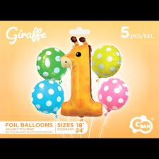 Godan Zsiráf Mintájú Fólia Lufi Csokor 1. Születésnapra - 5 db (BZ-HZR1) party kellék