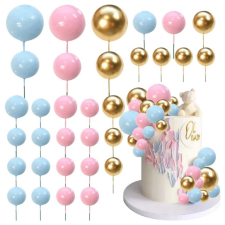  Gömb Tortadísz beszúró szett, 36db-os, Arany-Kék-Rózsaszín party kellék