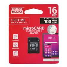 Goodram MEMÓRIAKÁRTYA TransFlash 16GB (microSDHC - Class 10, UHS-1m, M1AA-0160R11 utódja) + SD adapter (M1AA-0160R12/A) memóriakártya