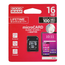 Goodram MEMÓRIAKÁRTYA TransFlash 16GB (microSDHC - Class 10, UHS-1m, M1AA-0160R11 utódja) + SD adapter (M1AA-0160R12/A) (M1AA-0160R12/A) memóriakártya