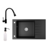  Gránit mosogató NERO Grande + kihúzható zuhanyfejes Snake csaptelep + adagoló (matt fekete)