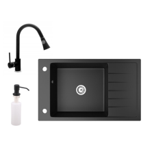 Gránit mosogató NERO Grande + kihúzható zuhanyfejes Snake csaptelep + adagoló (matt fekete) csaptelep