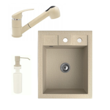  Gránit Mosogató NERO Parma + kihúzható zuhanyfejes Shower csaptelep + adagoló + szifon (bézs) csaptelep