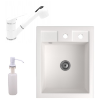 Gránit Mosogató NERO Parma + kihúzható zuhanyfejes Shower csaptelep + adagoló + szifon (fehér) csaptelep