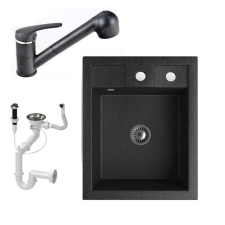  Gránit Mosogató NERO Parma + kihúzható zuhanyfejes Shower csaptelep + dugókiemelő + szifon (fekete) medence kiegészítő