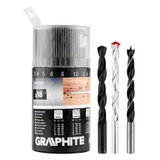 Graphite Fúrókészlet, fém, fa, kőzefúrókkal, hengeres szár, 3,4,5,6,8,10mm méretek, 18db barkácsgép tartozék