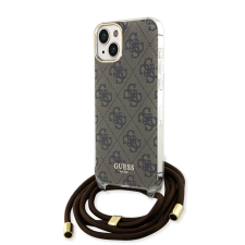 Guess IML 4G Printed Crossbody Strap iPhone 15 hátlap tok pánttal, barna tok és táska