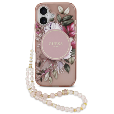 Guess IML Flowers Strap Apple iPhone 17 MagSafe hátlap tok karpánttal, rózsaszín tok és táska
