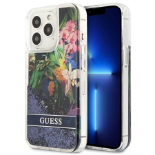 Guess iPhone 14 Pro Guess Liquid Glitter Flower csillámos tok kék tok és táska