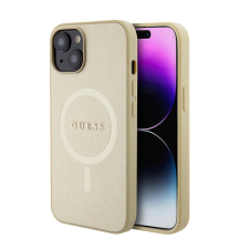 Guess iPhone 15 Pro hátlap tok, PU, magsafe, arany, GUESS Saffiano MagSafe (GUHMP15LPSAHMCB) tok és táska