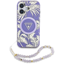 Guess IPhone 16 tok – Guess IML Palm Trees háromszög MagSafe gyöngyszíjjal (GUHMP16SHPCTPLSU) – lila tok és táska