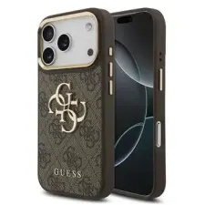Guess Pu Leather 4G Metal Logo Gold Frame tok, iPhone 18 Pro - barna tok és táska