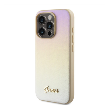 Guess PU Leather Iridescent Metal Script iPhone 15 Pro tok, arany tok és táska
