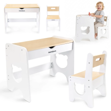  Gyerekbútor szett - fehér, fa asztal - íróasztal fiókkal és székkel - Plüssmackó gyermekbútor