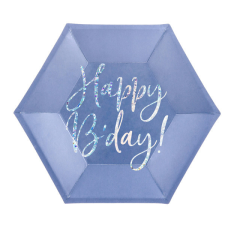 Gyertya &amp; Decor Papír tányér Hatszögletű Happy B&#039;day csillámló feliratú kék party kellék