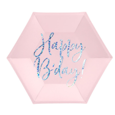 Gyertya &amp; Decor Papír tányér hatszögletű Happy B&#039;day csillámló feliratú púder rózsaszín party kellék