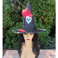 Halloween Fekete, piros rózsás tollas, koponyás boszorkány kalap jelmez