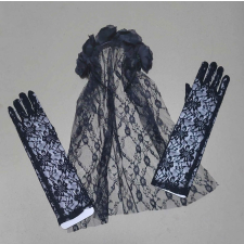  Halloween rózsás fejpánt csipke fátyollal és csipke hosszú kesztyűvel FEKETE jelmez