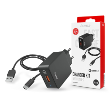 Hama hálózati töltő adapter USB-A bemenettel + Type-C kábel - 19.5W - HAMA Charger Kit with USB-C QC3.0 - fekete mobiltelefon kellék
