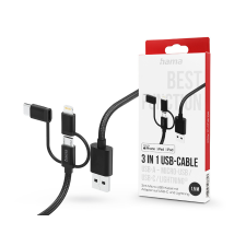 Hama USB-A - micro USB / Type-C / Lightning adat- és töltőkábel 1,5 m-es vezetékkel - HAMA 3in1 USB-Cable - fekete mobiltelefon kellék
