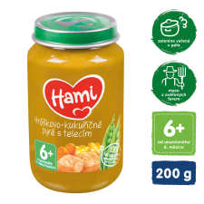 HAMI Borsó-kukoricapüré borjúhússal (200 g) hús-zöldségfőzelék bébiétel