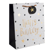 Happy Birthday ajándéktasak ajándékkísérővel - 23x18 cm - fehér/fekete arany feliratos ajándéktasak