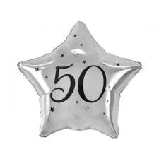 Happy Birthday Silver, Ezüst csillag 50 fólia lufi 44 cm party kellék