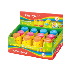Hegyező 2 lyukú tartályos, fedeles 12 db/display Keyroad Cheese vegyes színek hegyező