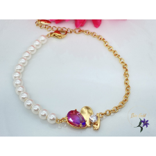  Henrietta antiallergén köves karkötő fele gyöngy fele lánc, szív medállal - lila karkötő