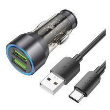 Hoco autós töltő 2 USB aljzat (18W, gyorstöltő, LED jelzés + USB - Type-C kábel) FEKETE mobiltelefon kellék