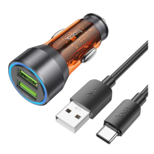 Hoco autós töltő 2 USB aljzat (18W, gyorstöltő, LED jelzés + USB - Type-C kábel) NARANCSSÁRGA mobiltelefon kellék