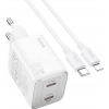 Hoco N42 Hálózati Töltő 2 Type-C Aljzat 45 W, PD Gyorstöltő 3.0 + Lightning Kábel, Fehér ( )